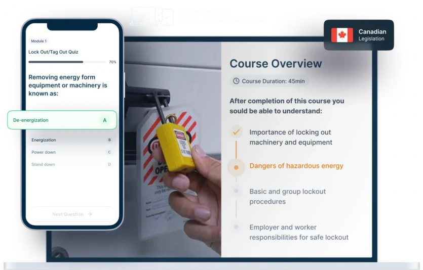 Laptop and phone mockups of Lockout Tagout Online Training, icons for device availability, and Canadian legislation badge