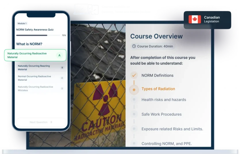 Laptop and phone mockups of NORM Safety Awareness Online Training, icons for device availability, and Canadian legislation badge