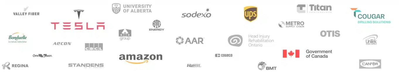 Collage de logos d’entreprise mettant en valeur un partenariat avec plus de 25 000 organisations canadiennes, représentant plus de 200 000 travailleurs formés et soulignant des années d’expertise dans la fourniture d’un environnement de formation en ligne convivial.