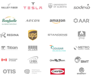 Collage de logos d’entreprise mettant en valeur un partenariat avec plus de 25 000 organisations canadiennes, représentant plus de 200 000 travailleurs formés et soulignant des années d’expertise dans la fourniture d’un environnement de formation en ligne convivial.