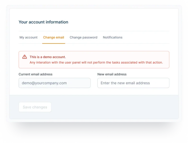 Notification highlighting the demo account status and limited functionality for user interactions