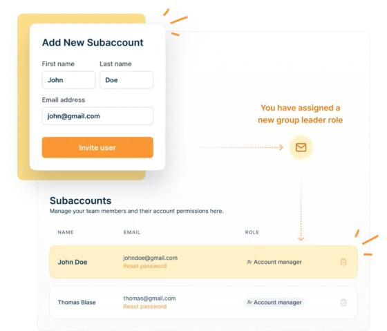 Dashboard view showing the process to invite a subaccount user with an account manager role