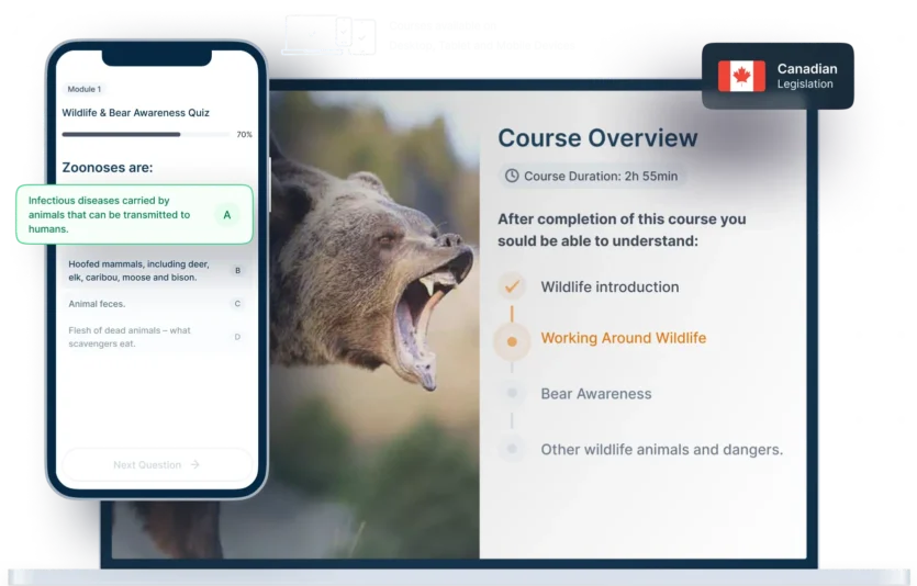 Laptop and phone mockups of Wildlife & Bear Awareness Online Training, icons for device availability, and Canadian legislation badge